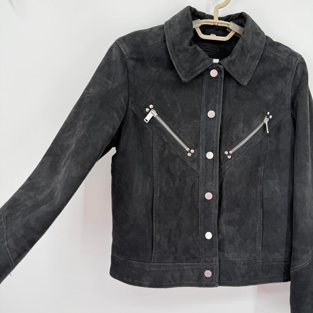 Mint Velvet 100% Suede Leather Western Jacket zipper Charcoal Biker EU 36 US 4 - Picture 2 of 7